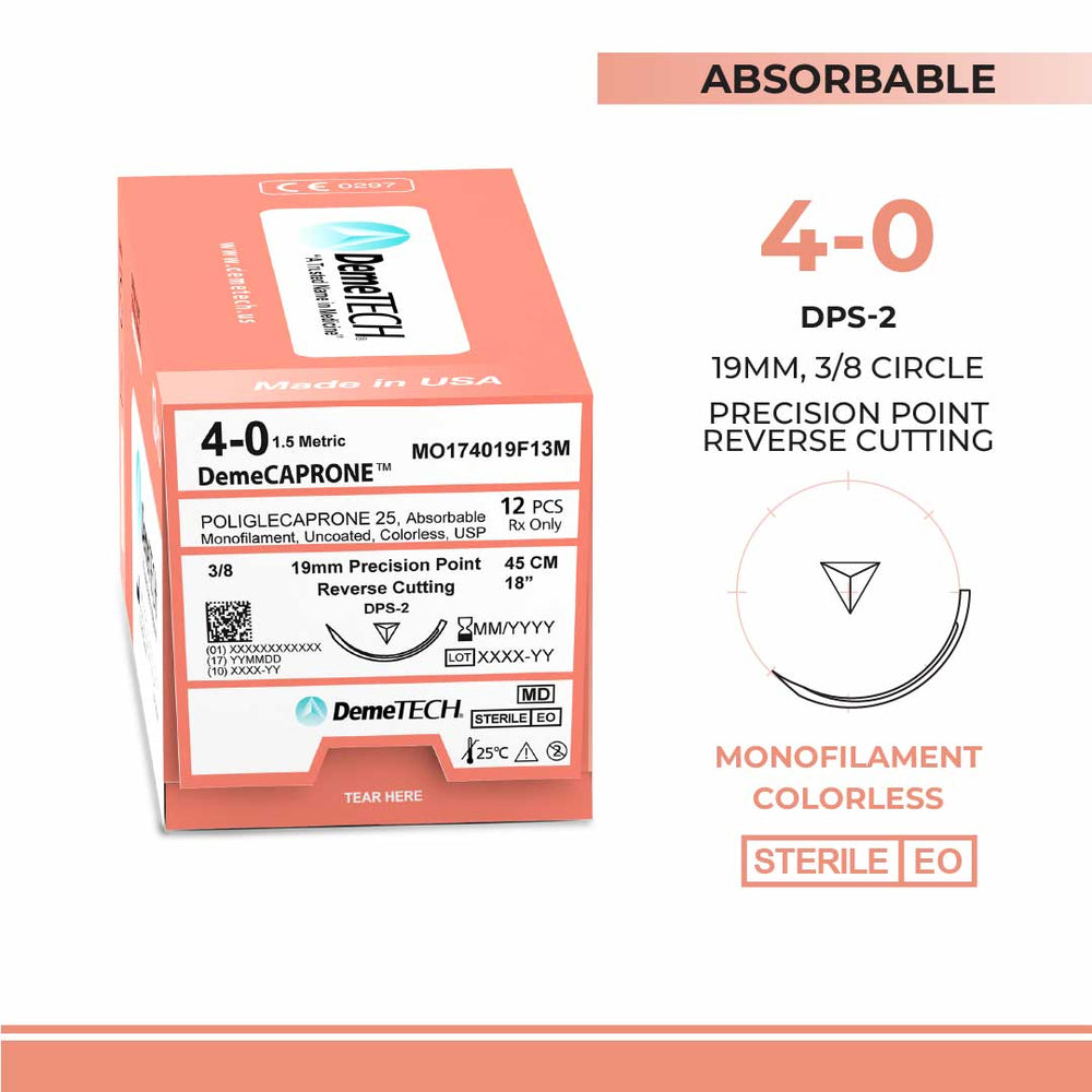 DemeTECH Poliglecaprone 25` (PGCL), 4-0, 18", DPS-2 Absorbable Suture, Reverse Cutting, Undyed 12/Box