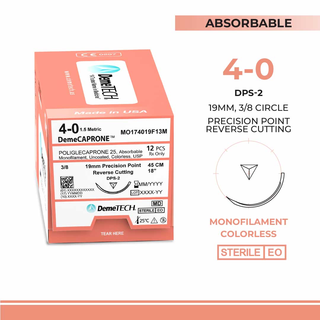 DemeTECH Poliglecaprone 25` (PGCL), 4-0, 18", DPS-2 Absorbable Suture, Reverse Cutting, Undyed 12/Box
