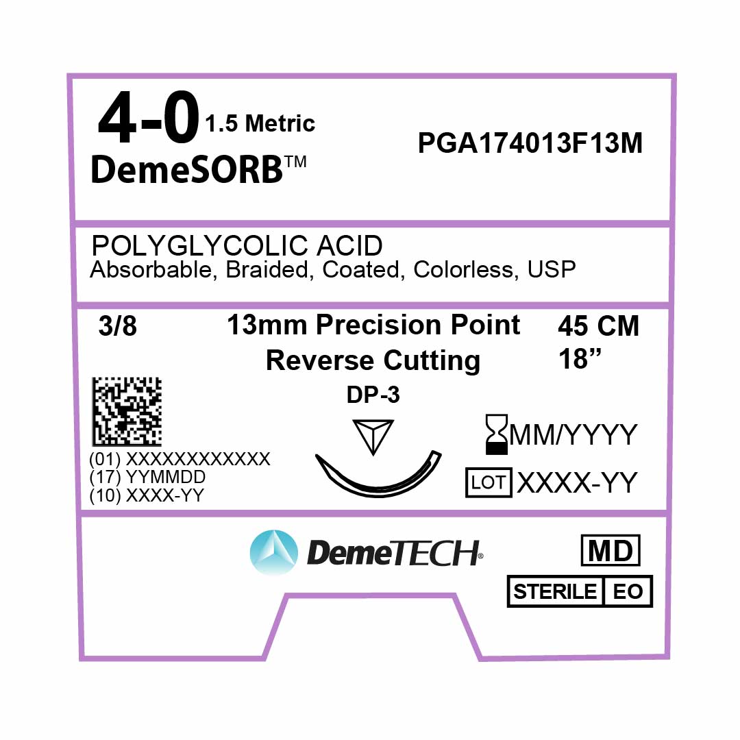 DemeTECH Polyglycolic Acid (PGA), 4-0, 18", DP-3 Synthetic Absorbable Suture, Braided, Precision Point Reverse Cutting, Undyed 12/Box