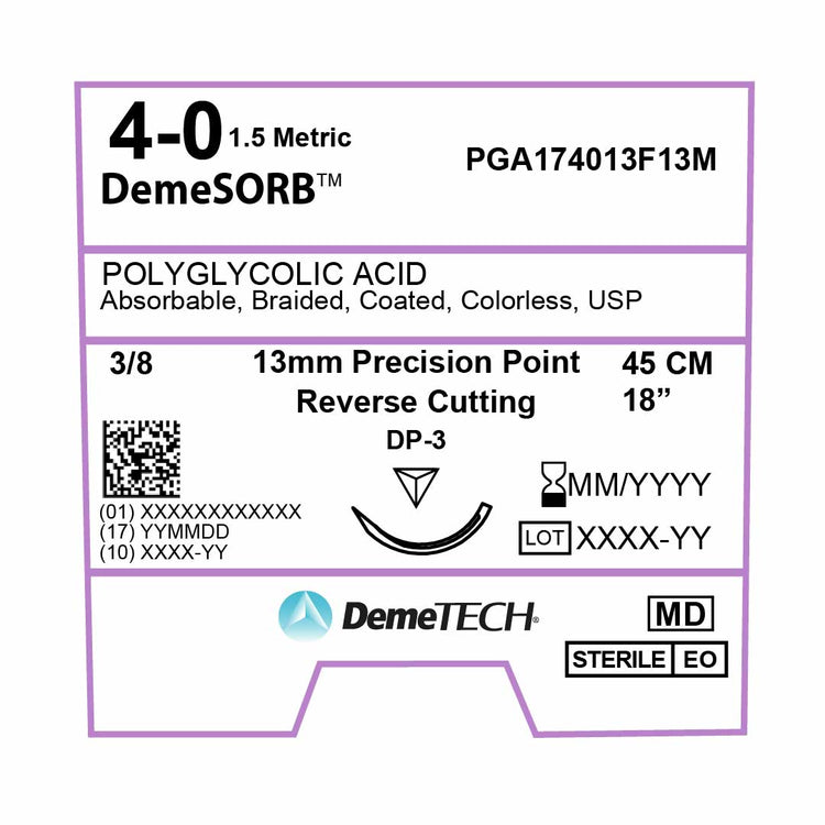 DemeTECH Polyglycolic Acid (PGA), 4-0, 18", DP-3 Synthetic Absorbable Suture, Braided, Precision Point Reverse Cutting, Undyed 12/Box