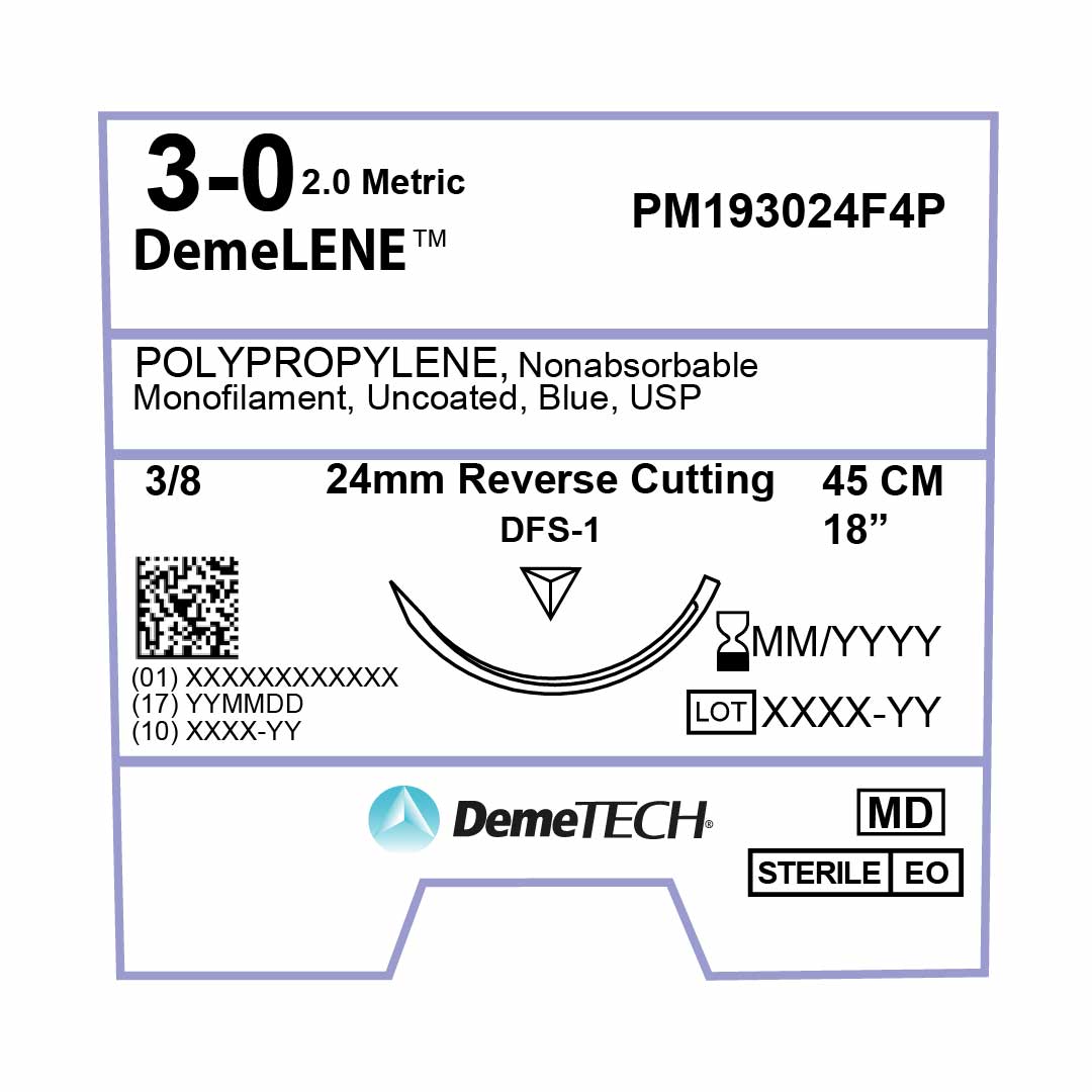 DemeTECH Polypropylene, 3-0, 18", DFS-1 Non-Absorbable Suture, Reverse Cutting, Blue 12/Box