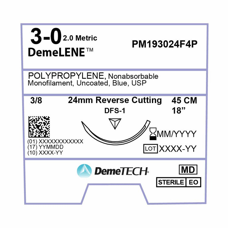 DemeTECH Polypropylene, 3-0, 18", DFS-1 Non-Absorbable Suture, Reverse Cutting, Blue 12/Box