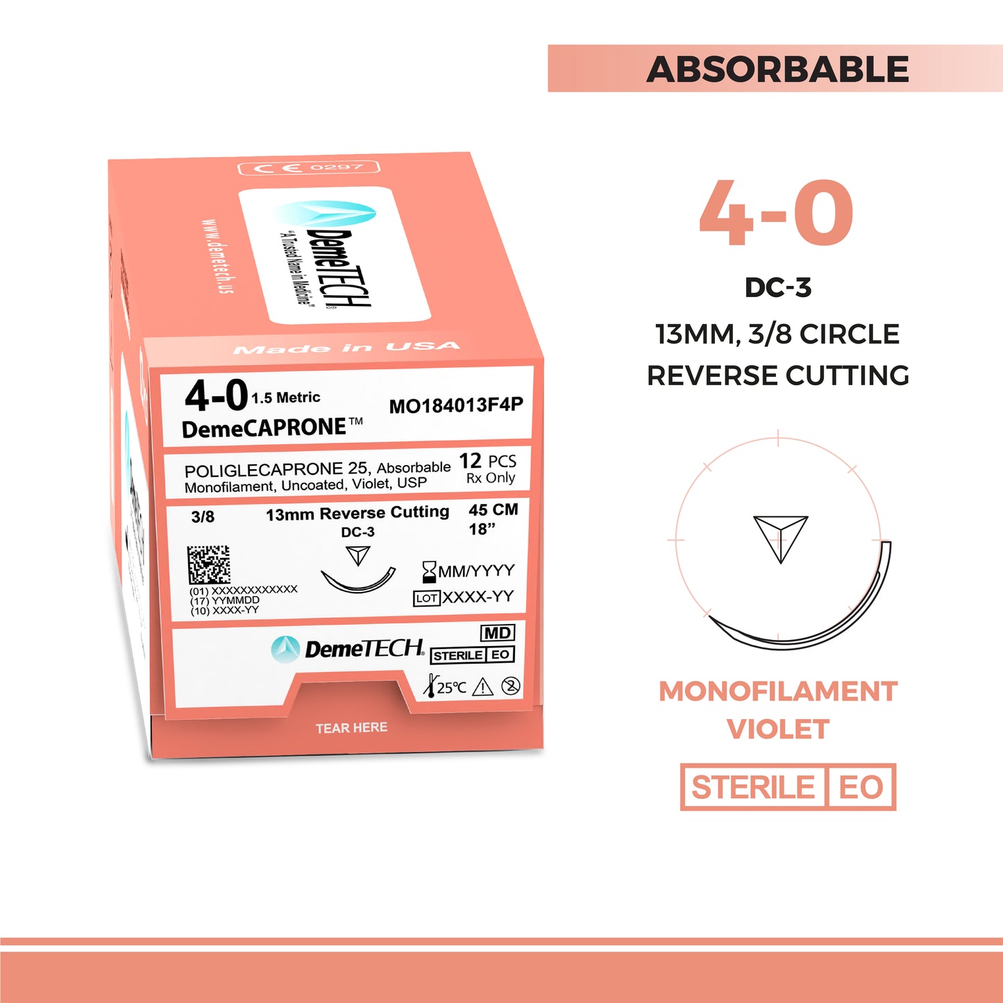 DemeTECH Poliglecaprone 25 (PGCL), 4-0, 18", DC-3 Absorbable Suture, Reverse Cutting, Violet 12/Box