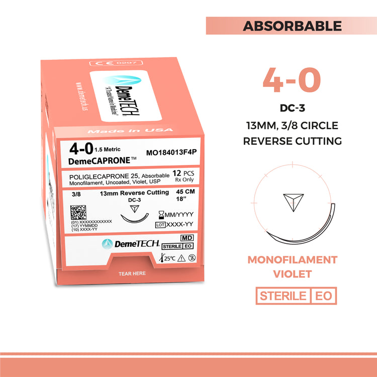 DemeTECH Poliglecaprone 25 (PGCL), 4-0, 18", DC-3 Absorbable Suture, Reverse Cutting, Violet 12/Box