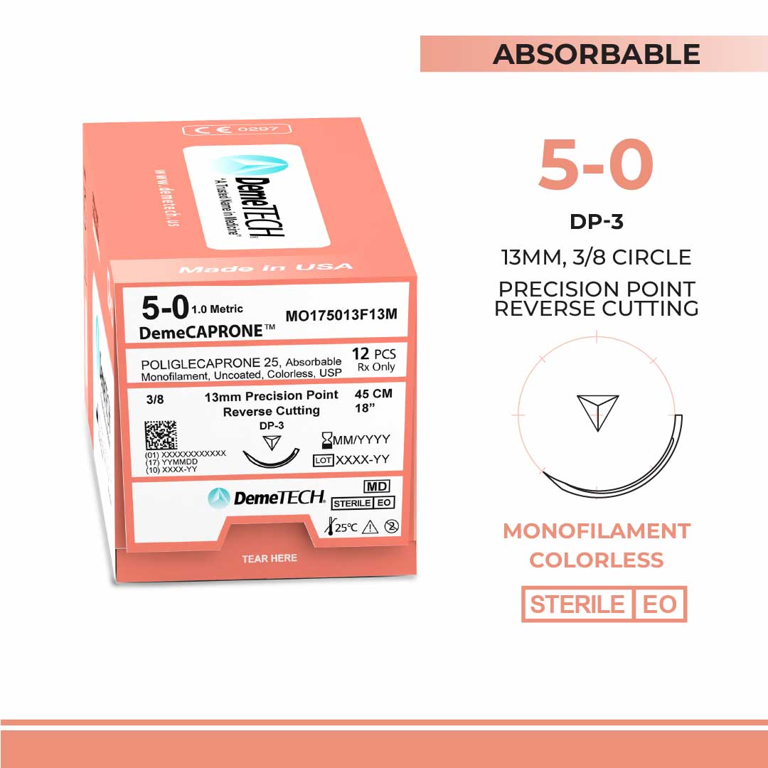 DemeTECH Poliglecaprone 25` (PGCL), 5-0, 18", DP-3 Absorbable Suture, Reverse Cutting, Undyed 12/Box