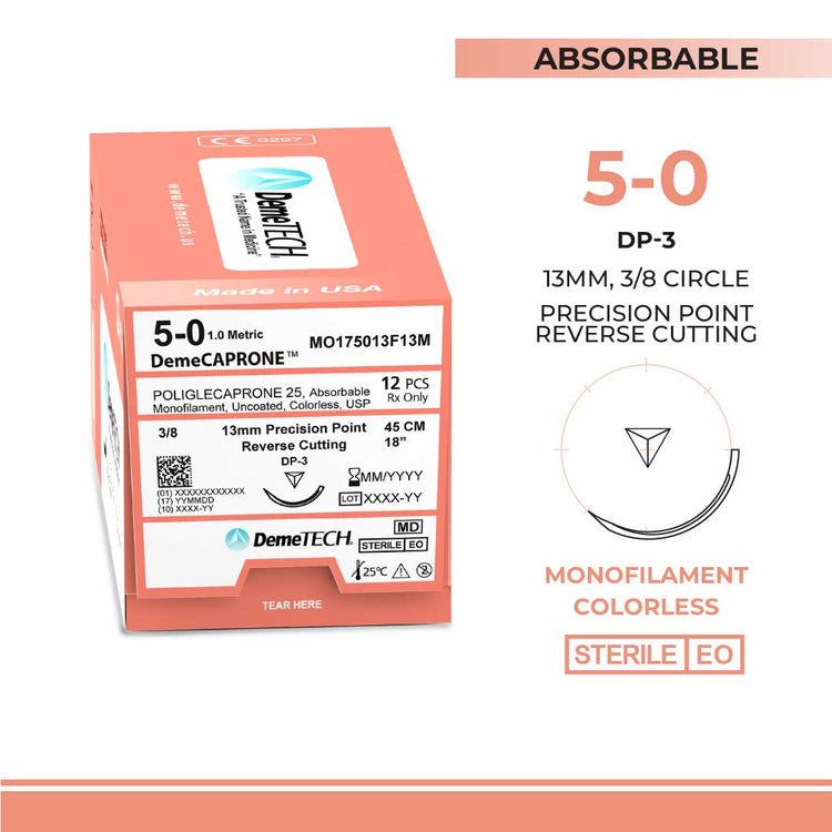 DemeTECH Poliglecaprone 25` (PGCL), 5-0, 18", DP-3 Absorbable Suture, Reverse Cutting, Undyed 12/Box