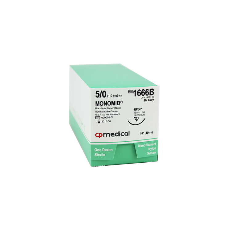 CP Medical 1666B Nylon, Monofilament, 5-0, Non-Absorbable Suture, PS-2, Black, 18"
