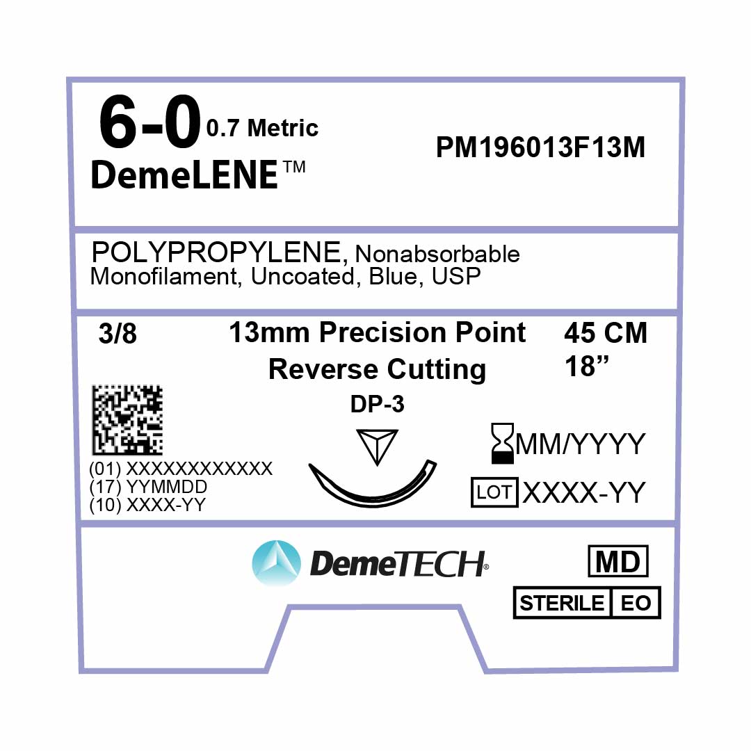 DemeTECH Polypropylene, 6-0, 18", DP-3 Non-Absorbable Suture, Precision Point Reverse Cutting, Blue 12/Box