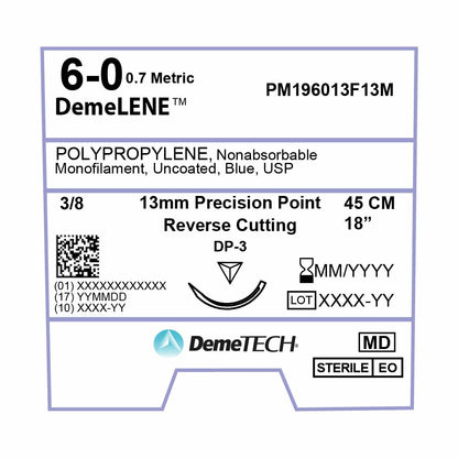DemeTECH Polypropylene, 6-0, 18", DP-3 Non-Absorbable Suture, Precision Point Reverse Cutting, Blue 12/Box