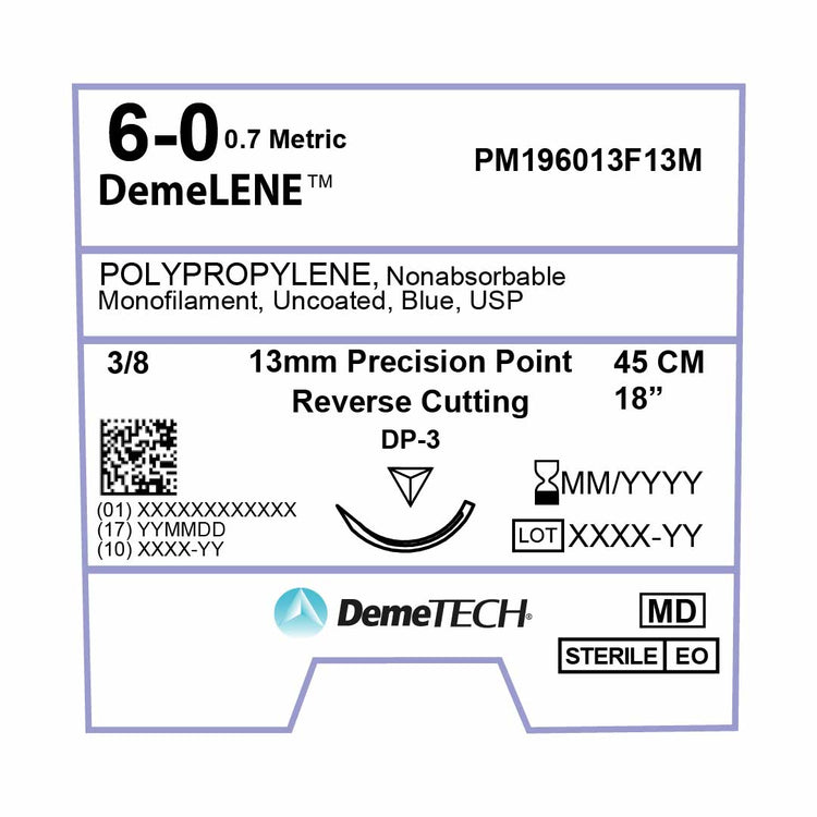 DemeTECH Polypropylene, 6-0, 18", DP-3 Non-Absorbable Suture, Precision Point Reverse Cutting, Blue 12/Box