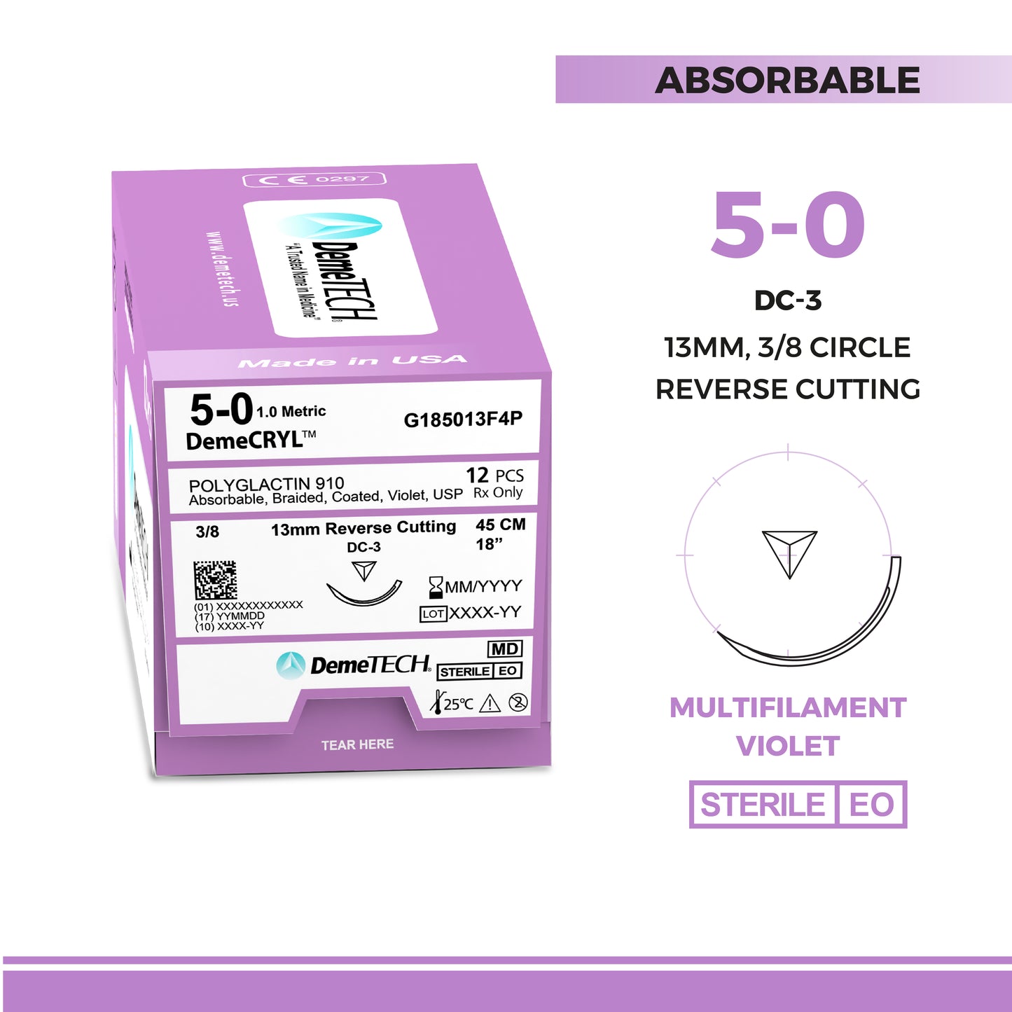 DemeTECH Polyglactin 910, 5-0, 18", DC-3 Synthetic Absorbable Suture, Reverse Cutting, Violet 12/Box