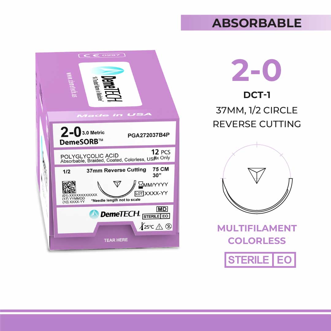 DemeTECH Polyglycolic Acid (PGA), 2-0, 30", N/A Synthetic Absorbable Suture, Reverse Cutting, Undyed 12/Box