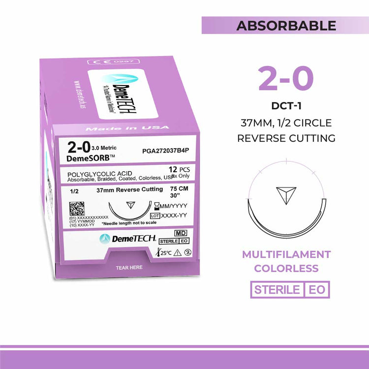 DemeTECH Polyglycolic Acid (PGA), 2-0, 30", N/A Synthetic Absorbable Suture, Reverse Cutting, Undyed 12/Box