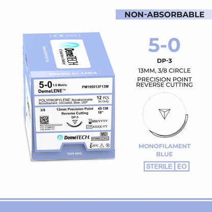DemeTECH Polypropylene, 5-0, 18", DP-3 Non-Absorbable Suture, Precision Cosmetic Standard Prime, Blue 12/Box