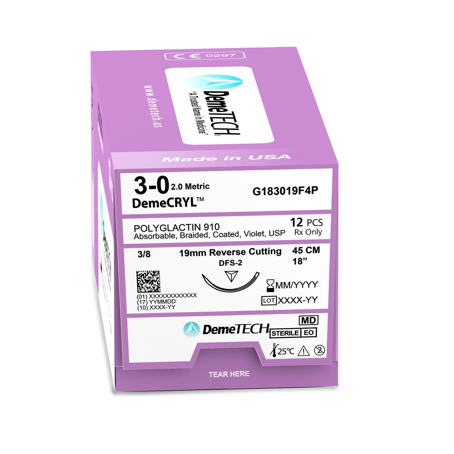 DemeTECH Polyglactin 910, 45 cm, Violet, 3/0 USP, 19 mm, 3/8 Circle, Reverse Cutting