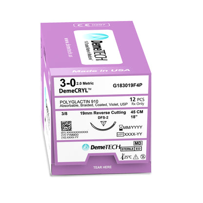 DemeTECH Polyglactin 910, 45 cm, Violet, 3/0 USP, 19 mm, 3/8 Circle, Reverse Cutting
