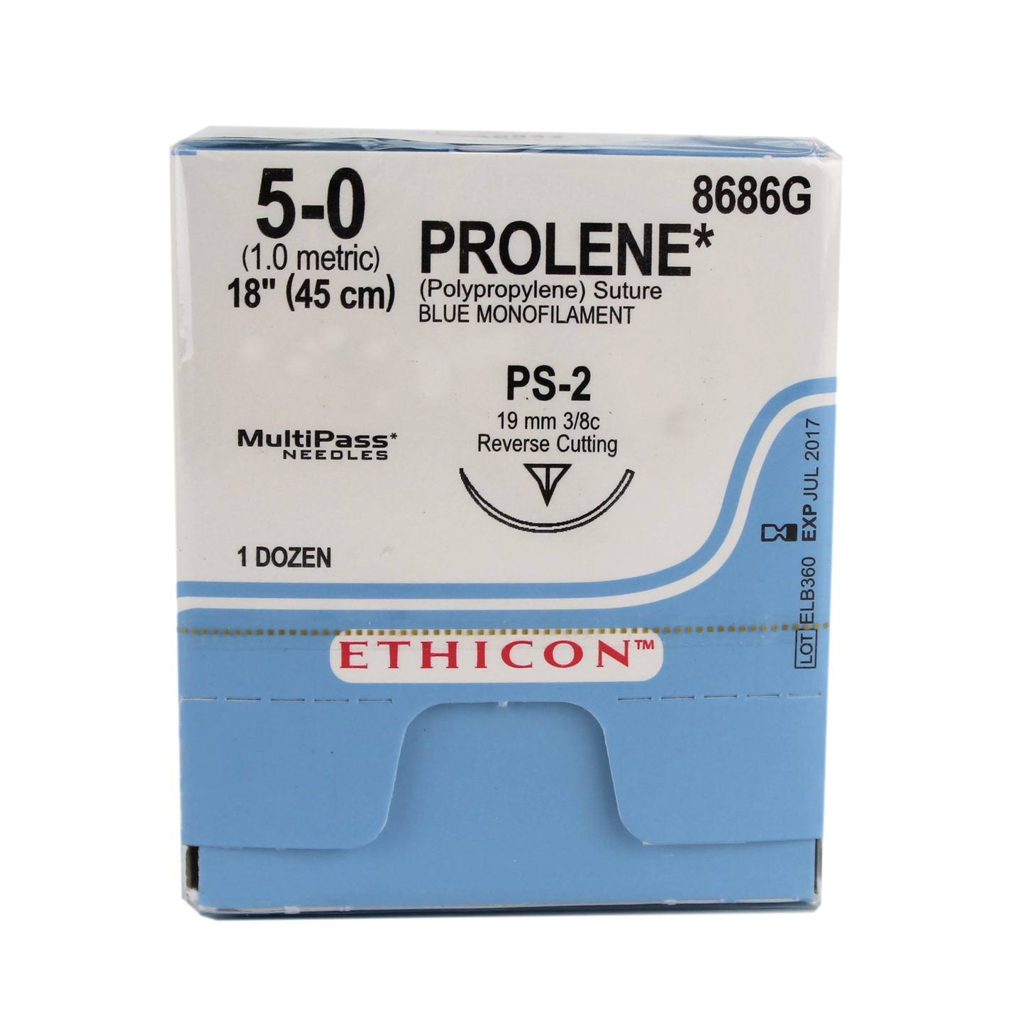 Ethicon 8686G Prolene Polypropylene Suture, Monofilament, 5-0, Non-Absorbable, PS-2, Blue, 18"
