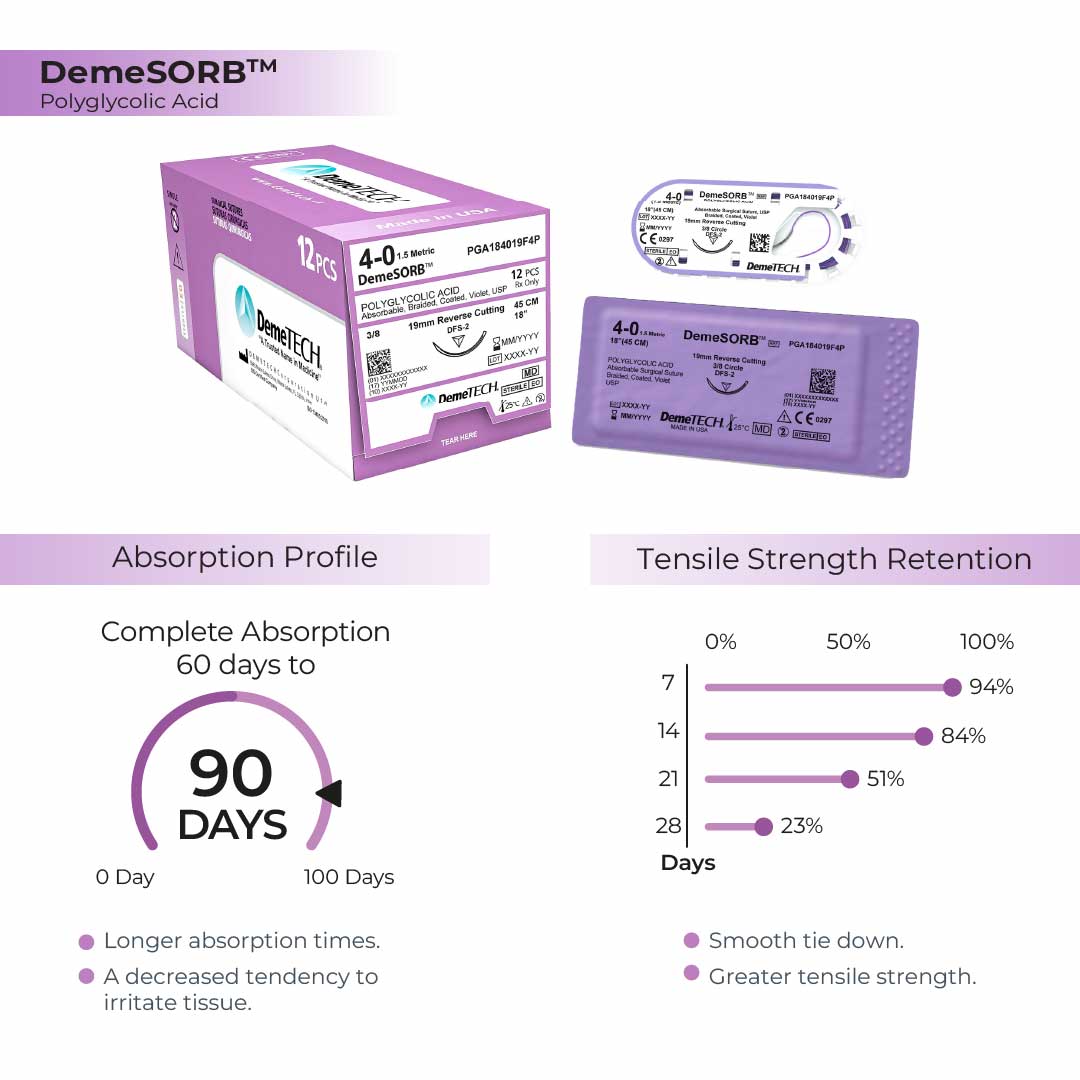 DemeTECH Polyglycolic Acid (PGA), 4-0, 30", DFS-2 Synthetic Absorbable Suture, Precision Point Reverse Cutting, Undyed 12/Box