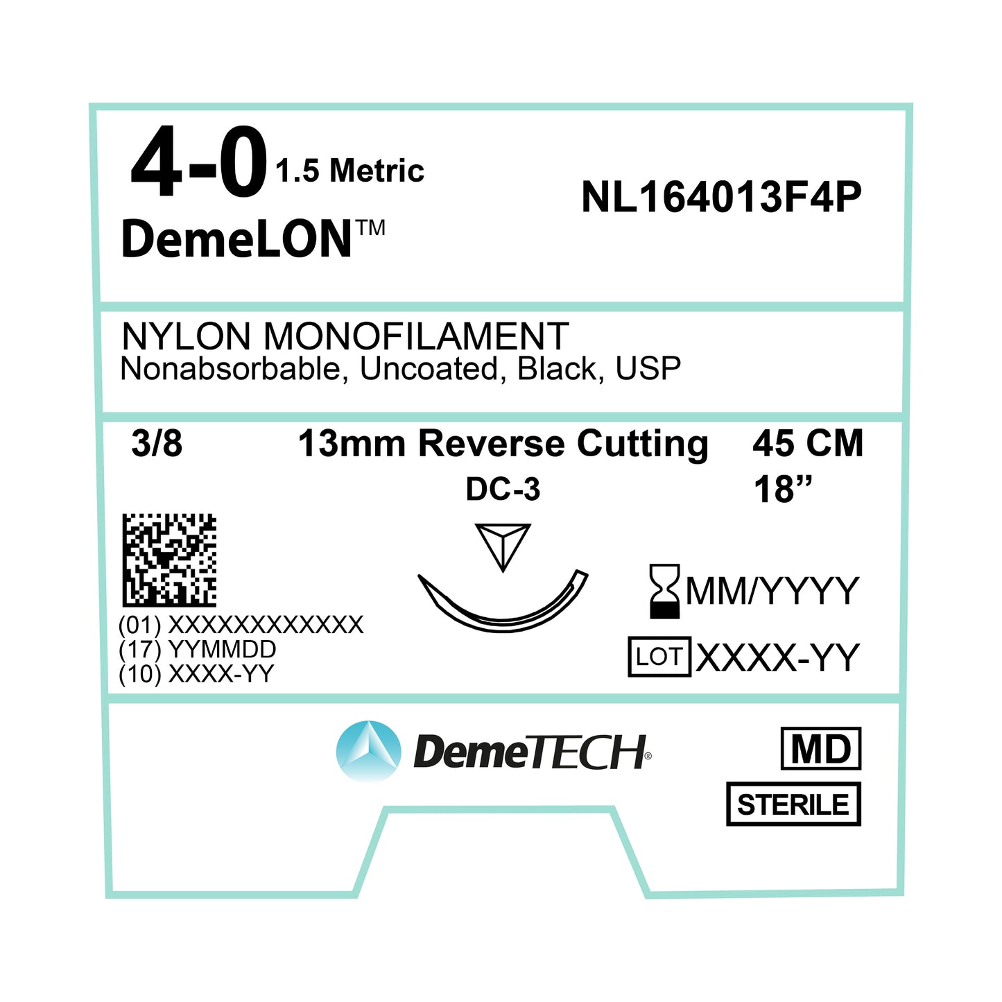 DemeTECH Nylon Monofilament, 45 cm, Black, 4/0 USP, 13 mm, 3/8 Circle, Reverse Cutting