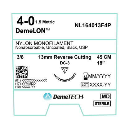 DemeTECH Nylon Monofilament, 45 cm, Black, 4/0 USP, 13 mm, 3/8 Circle, Reverse Cutting