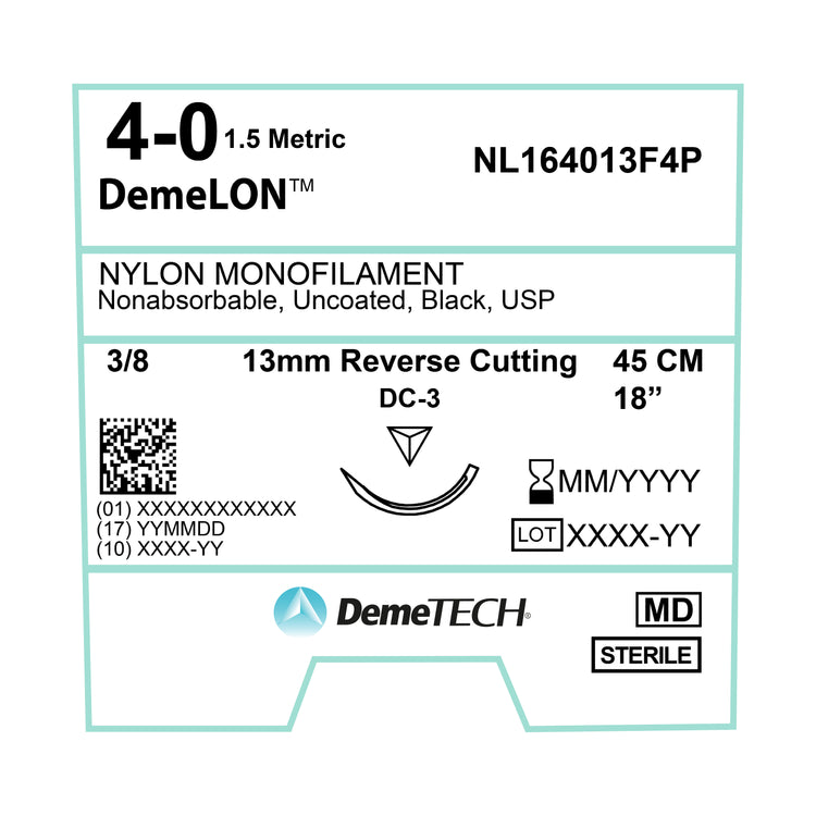 DemeTECH Nylon Monofilament, 45 cm, Black, 4/0 USP, 13 mm, 3/8 Circle, Reverse Cutting