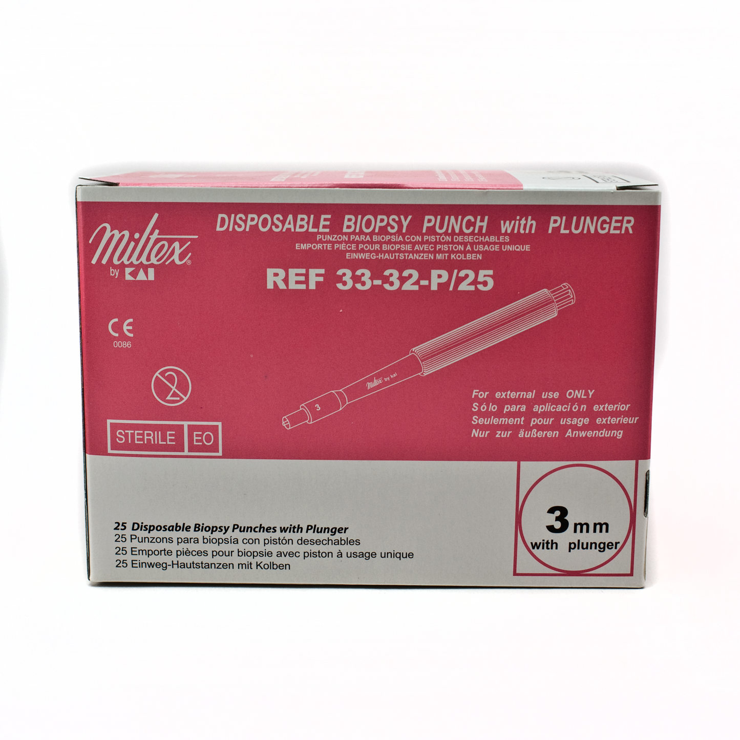 Miltex 33-32-P/25 Disposable Biopsy Punches with Plunger System, 3mm