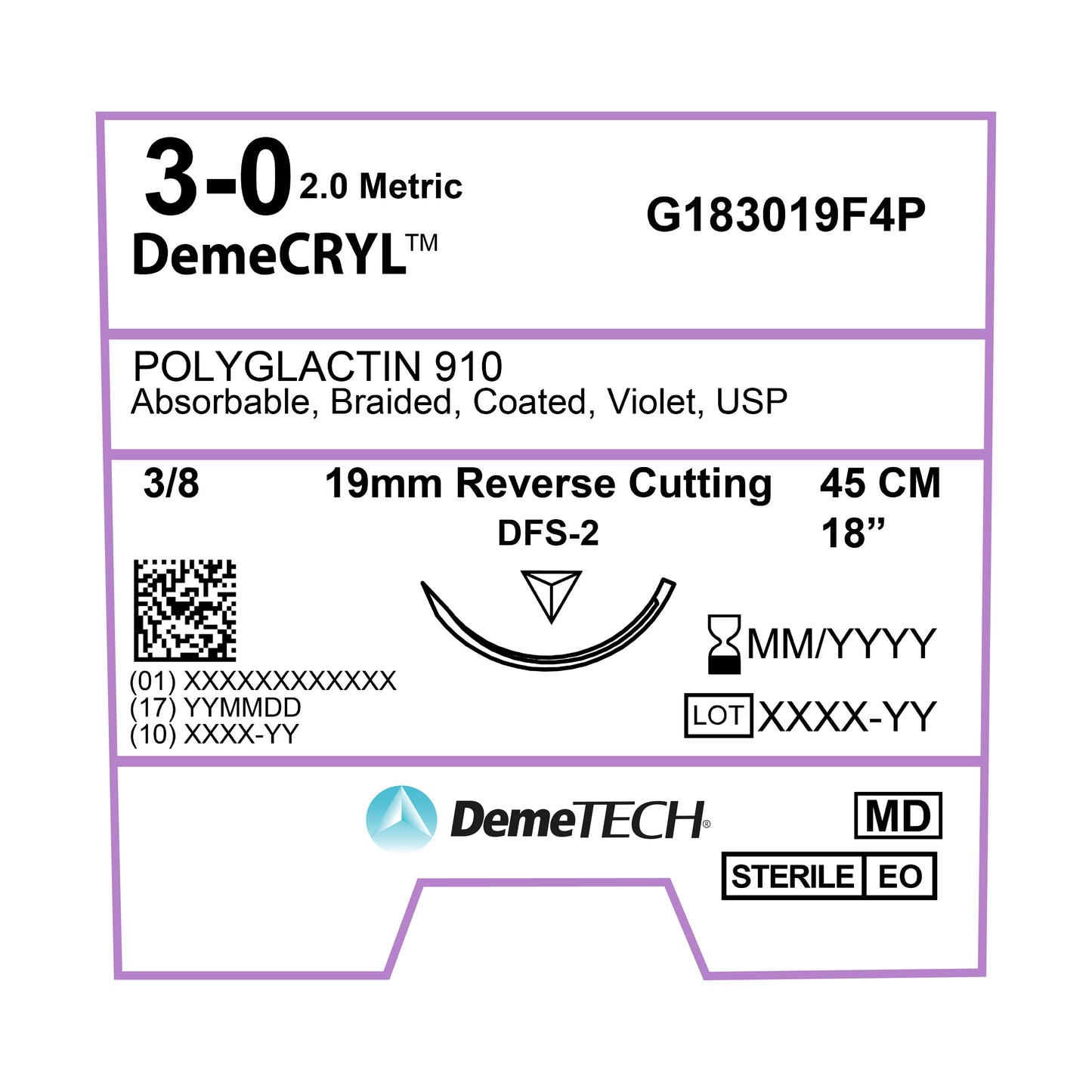 DemeTECH Polyglactin 910, 45 cm, Violet, 3/0 USP, 19 mm, 3/8 Circle, Reverse Cutting