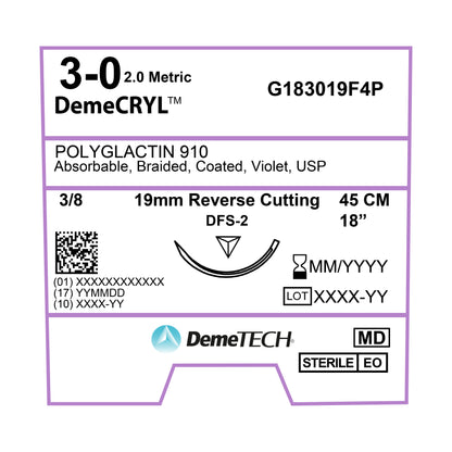 DemeTECH Polyglactin 910, 45 cm, Violet, 3/0 USP, 19 mm, 3/8 Circle, Reverse Cutting