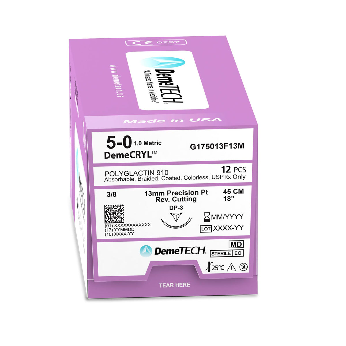 DemeTECH Polyglactin 910, 5-0, 18", DP-3 Synthetic Absorbable Suture, Braided, Precision Point Reverse Cutting, Undyed 12/Box