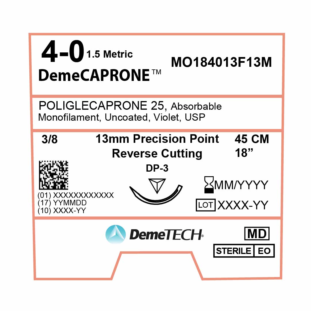 DemeTECH Poliglecaprone 25` (PGCL), 4-0, 18", DP-3 Absorbable Suture, Precision Point Reverse Cutting, Violet 12/Box