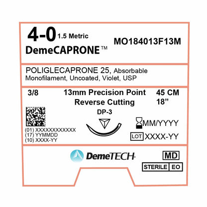 DemeTECH Poliglecaprone 25` (PGCL), 4-0, 18", DP-3 Absorbable Suture, Precision Point Reverse Cutting, Violet 12/Box