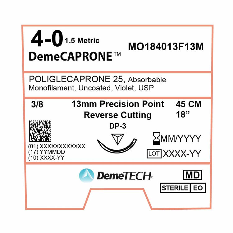 DemeTECH Poliglecaprone 25` (PGCL), 4-0, 18", DP-3 Absorbable Suture, Precision Point Reverse Cutting, Violet 12/Box