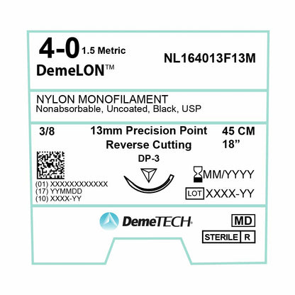 DemeTECH 18” Nylon Monofilament 4-0 Non-Absorbable DP-3 Black Suture