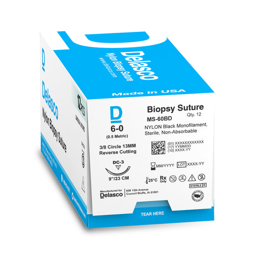 Delasco MS-60BD Nylon Biopsy Suture, Monofilament, 6-0, Non-Absorbable, C-3, Black, 9"
