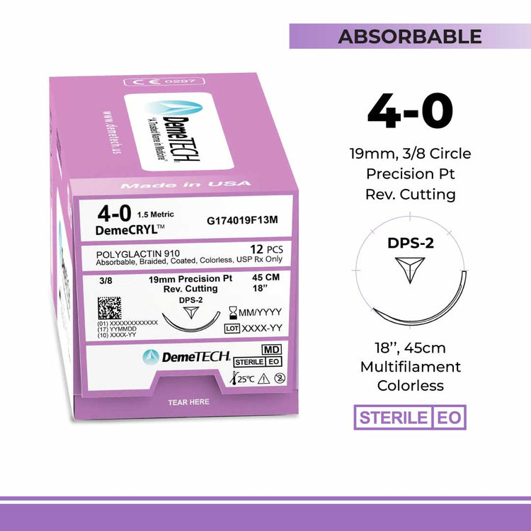 DemeTECH Polyglactin 910, 4-0, 18", DPS-2 Synthetic Absorbable Suture, Braided, Precision Point Reverse Cutting, Undyed 12/Box