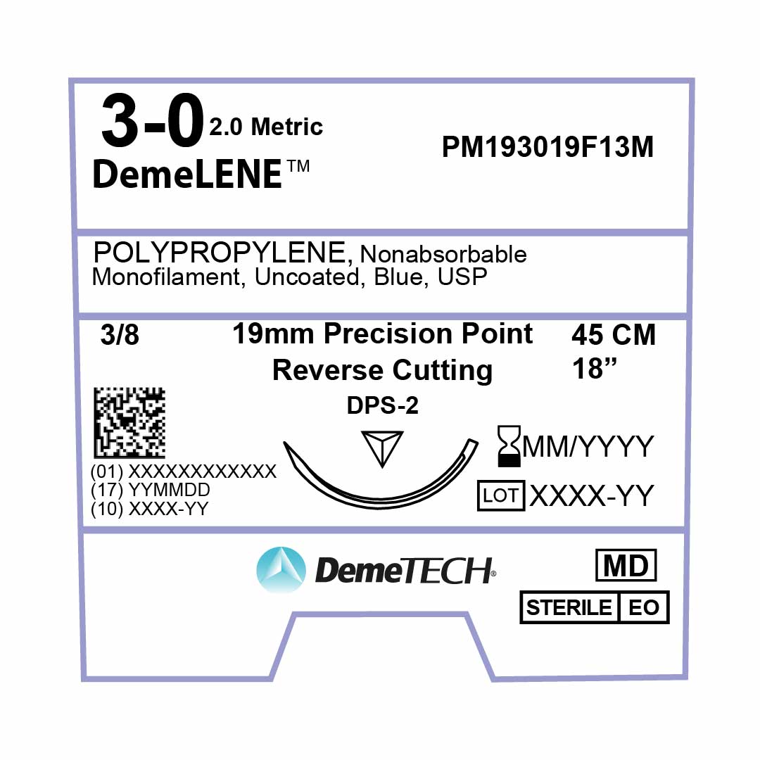 DemeTECH Polypropylene, 3-0, 18", DPS-2 Non-Absorbable Suture, Precision Point Reverse Cutting, Blue 12/Box