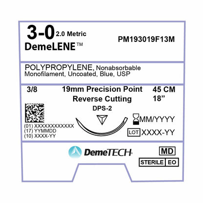 DemeTECH Polypropylene, 3-0, 18", DPS-2 Non-Absorbable Suture, Precision Point Reverse Cutting, Blue 12/Box