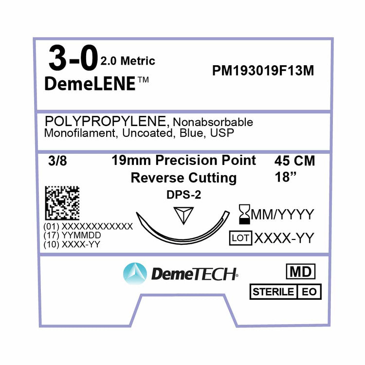 DemeTECH Polypropylene, 3-0, 18", DPS-2 Non-Absorbable Suture, Precision Point Reverse Cutting, Blue 12/Box
