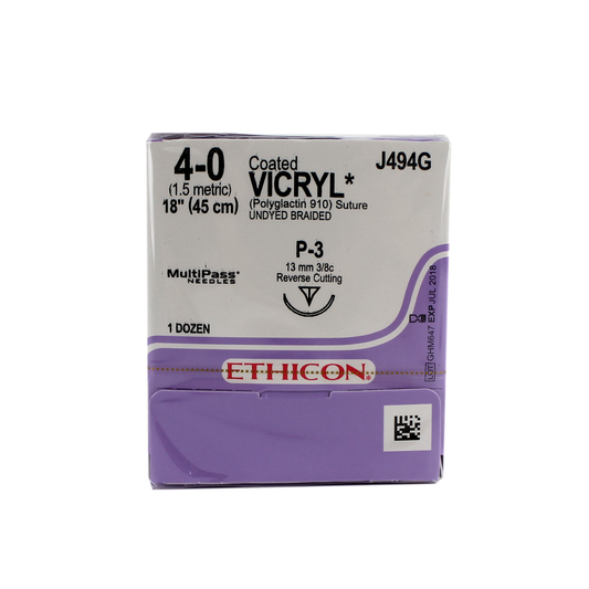 Ethicon J494G Coated Vicryl Suture, Polyglactin 910, Braided, 4-0, Absorbable, P-3, Undyed, 18"