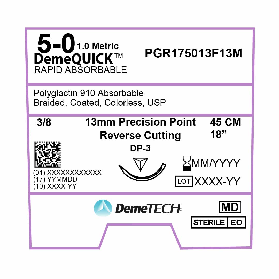 DemeTECH Rapid Absorbable, 5-0, 18", DP-3 Rapid Absorbable Suture, Precision Point Reverse Cutting, Undyed 12/Box