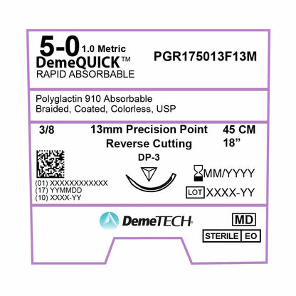 DemeTECH Rapid Absorbable, 5-0, 18", DP-3 Rapid Absorbable Suture, Precision Point Reverse Cutting, Undyed 12/Box