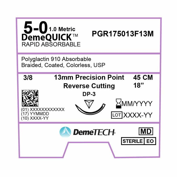 DemeTECH Rapid Absorbable, 5-0, 18", DP-3 Rapid Absorbable Suture, Precision Point Reverse Cutting, Undyed 12/Box