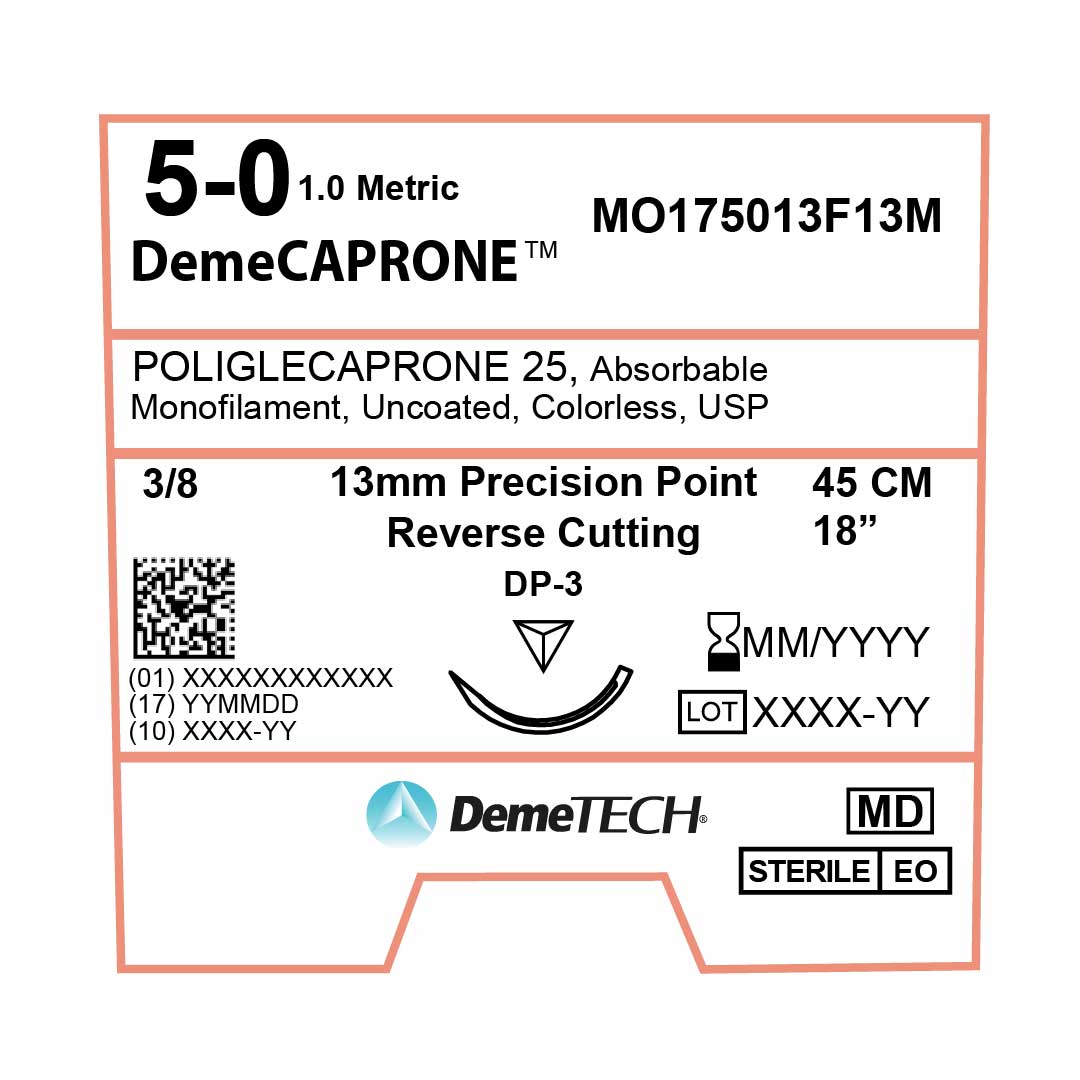 DemeTECH Poliglecaprone 25` (PGCL), 5-0, 18", DP-3 Absorbable Suture, Reverse Cutting, Undyed 12/Box