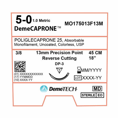 DemeTECH Poliglecaprone 25` (PGCL), 5-0, 18", DP-3 Absorbable Suture, Reverse Cutting, Undyed 12/Box