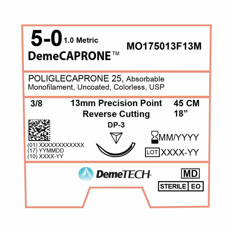 DemeTECH Poliglecaprone 25` (PGCL), 5-0, 18", DP-3 Absorbable Suture, Reverse Cutting, Undyed 12/Box