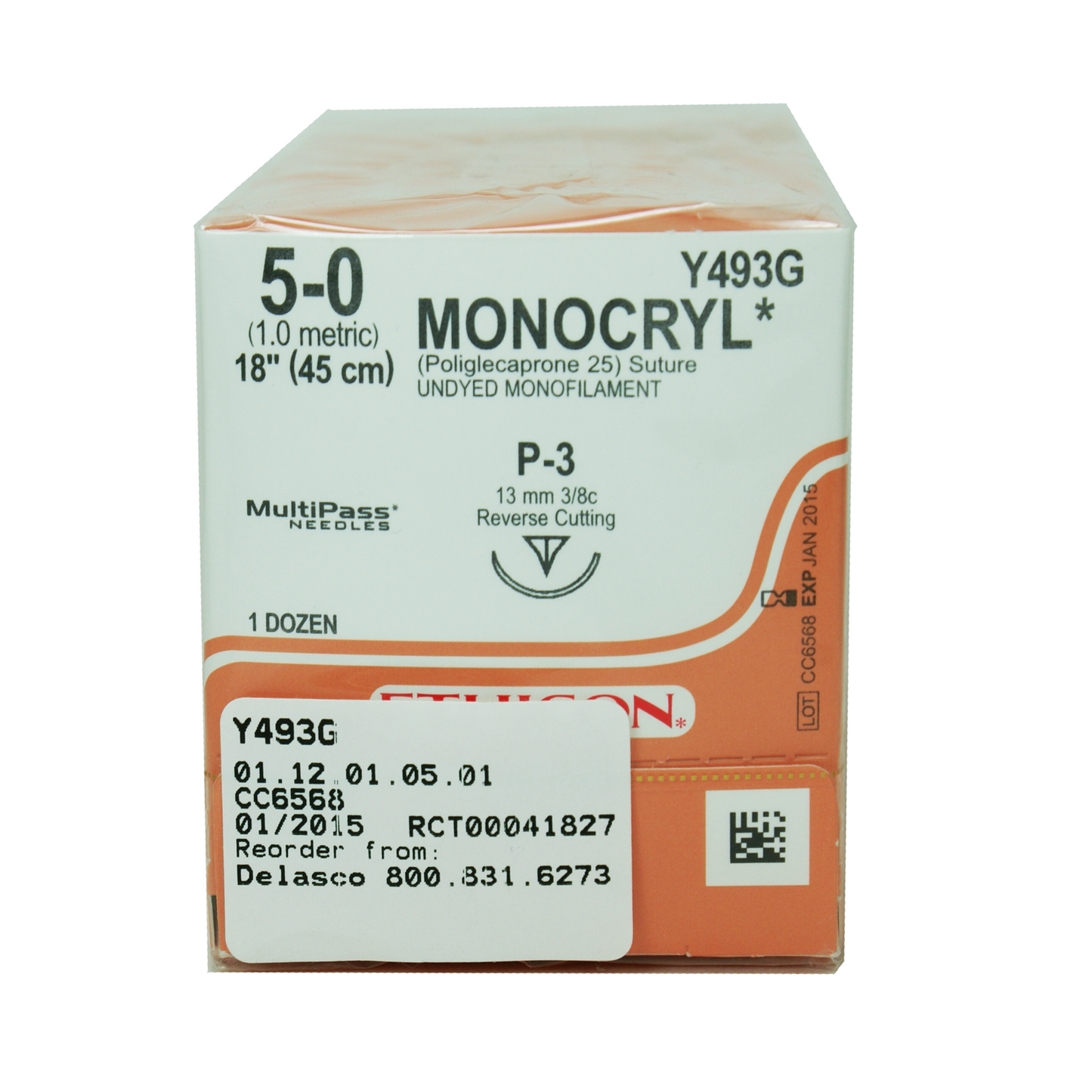 Ethicon Y493G Monocryl PGCL Monofilament 25 Suture, 5-0, Absorbable, P-3, Undyed, 18"