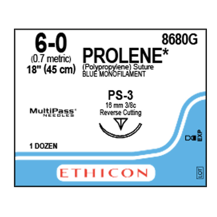 Ethicon 8680G Prolene Polypropylene Suture, Monofilament, 6-0, Non-Absorbable, PS-3, Blue, 18"