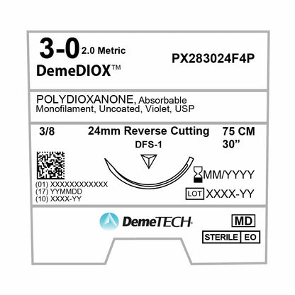 DemeTECH Polydioxanone (PX), 3-0, 30", DFS-1 Synthetic Absorbable Suture, Reverse Cutting, Violet 12/Box