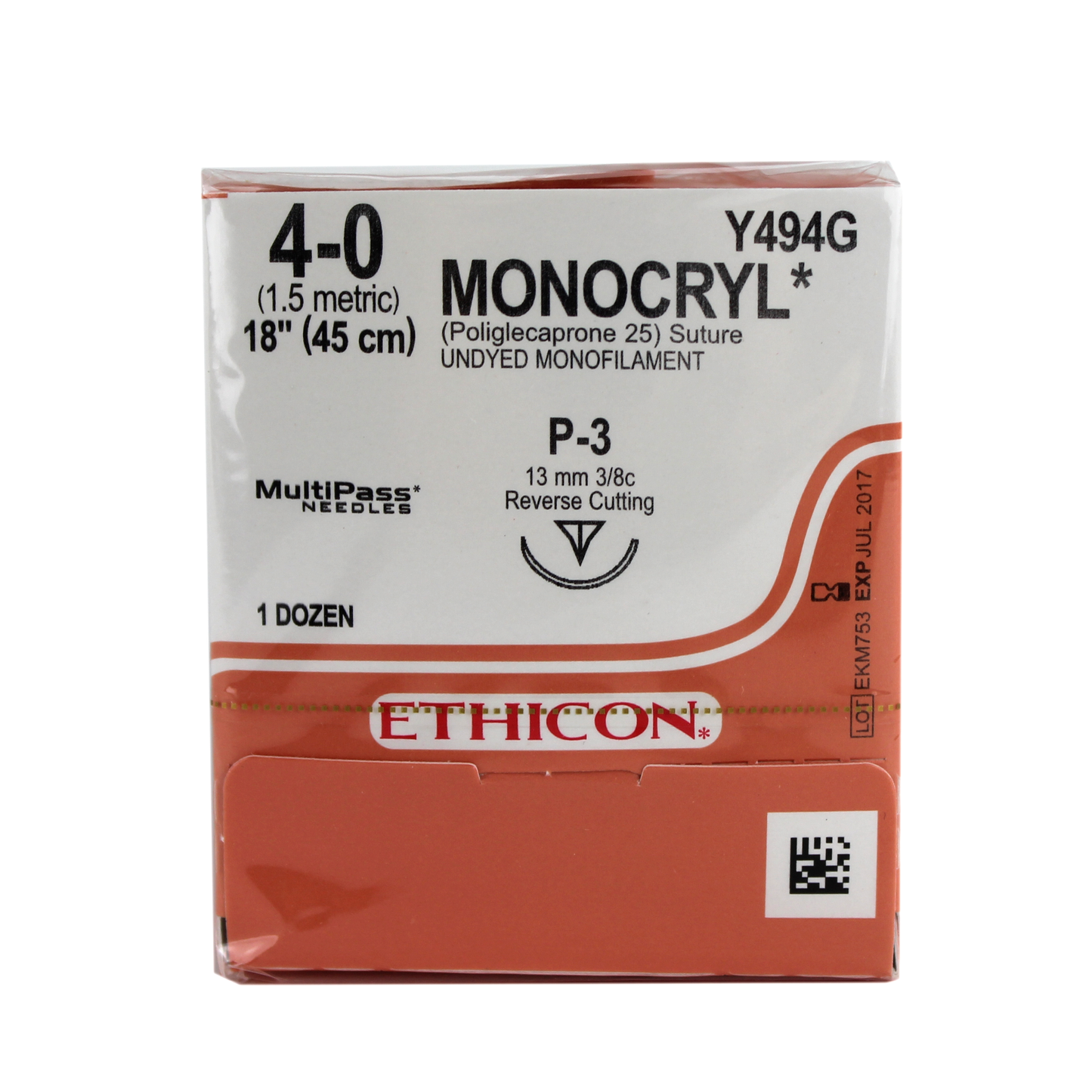 Ethicon Y494G Monocryl PGCL Monofilament 25 Suture, 4-0