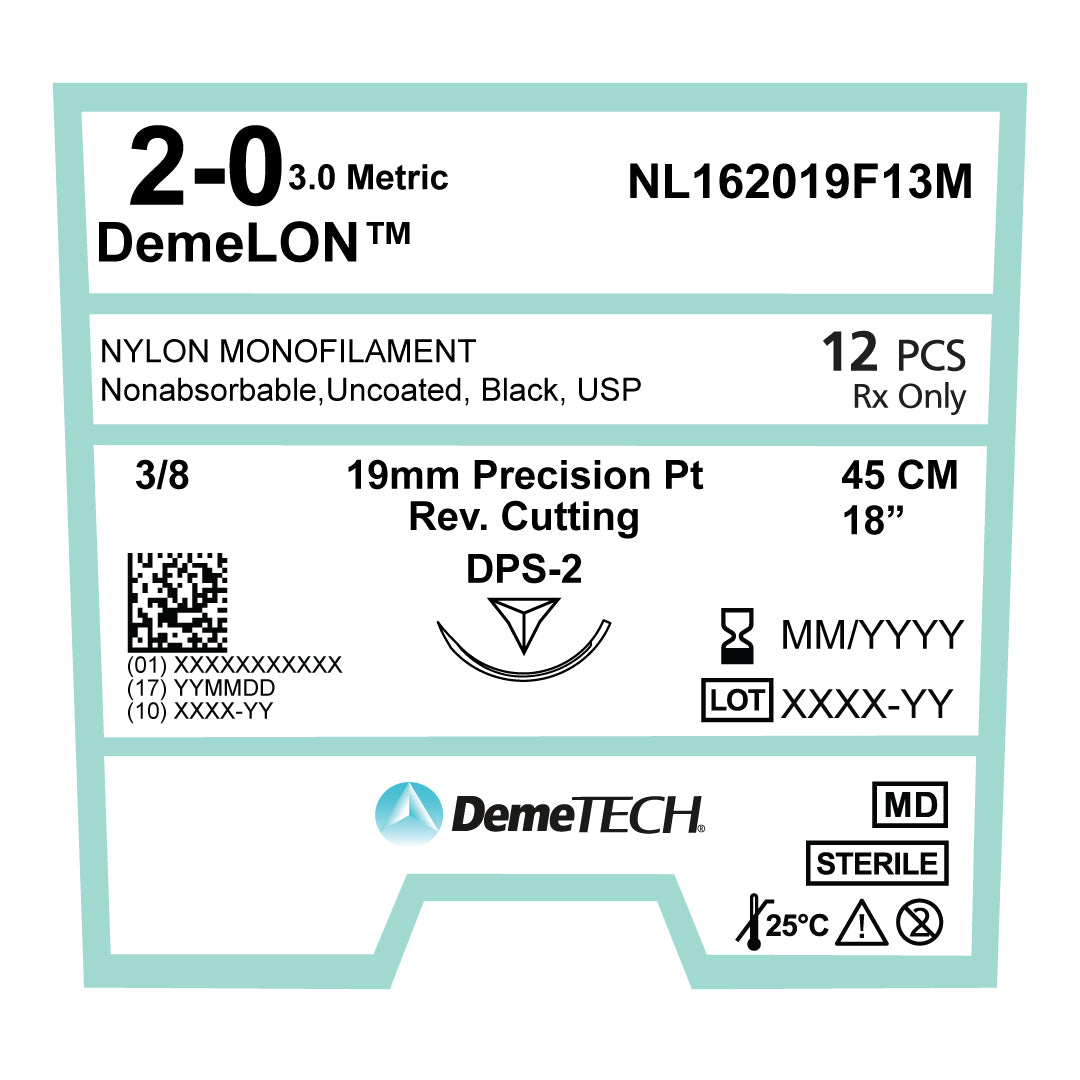 DemeTECH 18" Nylon Monofilament 2-0 Non-Absorbable DPS-2 Black Suture 12/Box